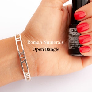 Date Roman Numeral Bangle Bracelet - Custom Sterling Silver, Gold, or Rose Gold Adjustable Bracelet - Gift for Him or Her