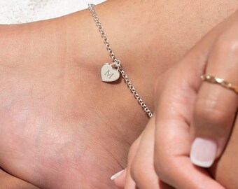 Personalized Heart Initial Anklet, Sterling Silver Custom Letter Ankle Bracelet