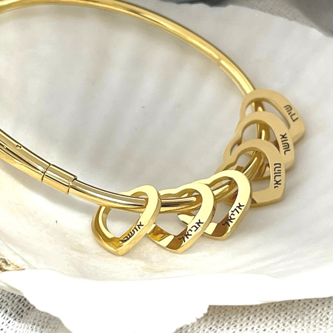 Hebrew Mom Bracelet With Kids Names Laser Engraved Heart Charms Grandma