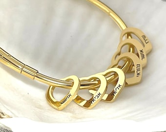 Hebrew Mom Bracelet with Kids Names - Laser Engraved Heart Charms - Grandma Bracelet - Family Name Jewelry - Hannukah Gifts Idea