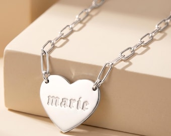 Paperclip Chain Necklace with Engraved Heart, Sterling Silver