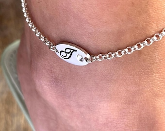 Birthstone Initial Anklet for Women, Sterling Silver