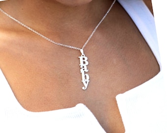 Sterling Silver Vertical Name Necklace for Men or Women - Personalized Nameplate - Custom Gift for Him and Her