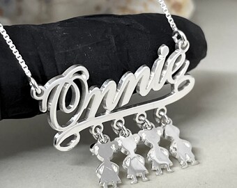 Mother Name Necklace with Little Boy and Girl Charms