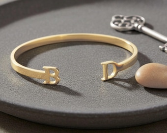 Sterling Silver Two Initial Cuff Bracelet: Personalized Unisex Open Bangle