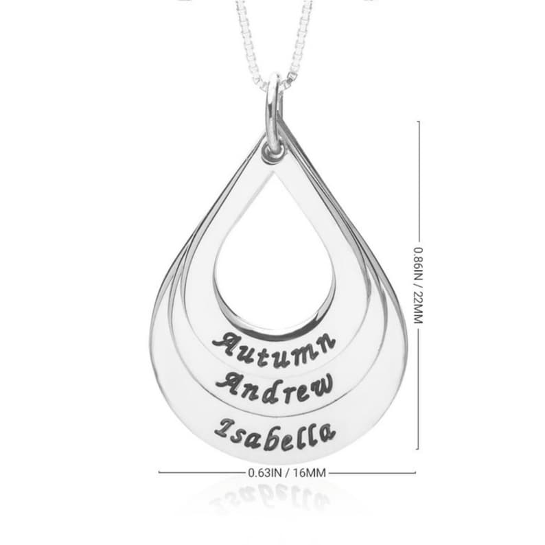 May include: A silver-colored teardrop-shaped pendant necklace featuring three stacked layers engraved with the names Autumn, Andrew, and Isabella. The pendant measures 0.86 inches in height and 0.63 inches in width, suspended from a thin chain.
