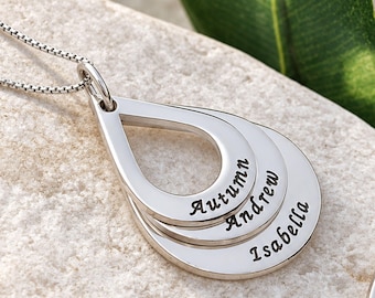 Mom Necklace with Kids Names, Engraved Nested Teardrop Pendant, Grandma Jewelry, Sterling Silver