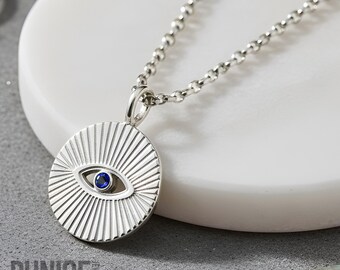 Round Evil Eye Birthstone Necklace, Sterling Silver