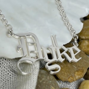 Sterling Silver Old English Name Necklace: Gothic Nameplate, Rolo Chain