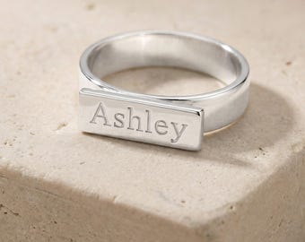 Custom Name Signet Ring Gift for Her - Engraved Bar Ring in Sterling Silver or Gold