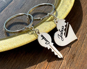 Laser Engraved Couple Keychain Set-Sterling Silver Custom Name Keychains for 2-Key & Heart Keychains-His and Hers Mathcing Puzzle Keychain