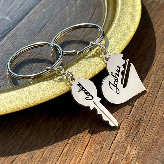 Laser Engraved Couple Keychain Set sterling Silver Custom Name