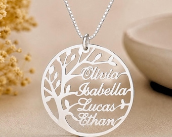 Family Tree of Life Necklace, Sterling Silver Family Name Jewelry