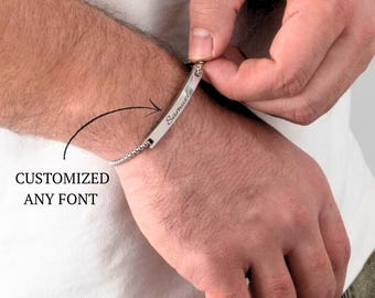 Custom Engraved Mens Bracelet Silver Stainless Steel
