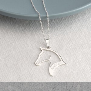 Engraved Horse Necklace - 925 Sterling Silver Animal Name Jewelry - 24K Gold or Rose Gold Plated - Equestrian Gift for Boys & Girls