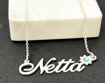 Birthstone Flower Name Necklace Sterling Silver