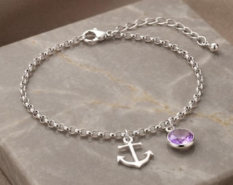 Anchor Birthstone Anklet in Sterling Silver