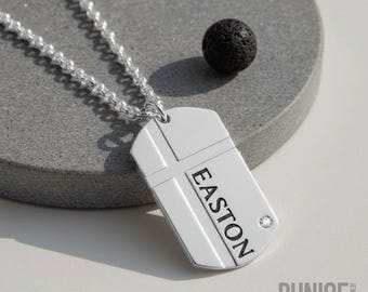 Mens Cross Dog Tag Necklace with Cubic Zirconia, Sterling Silver