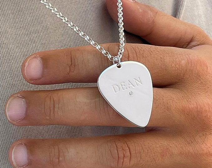 Engraved Guitar Pick Necklace - Custom Name & Birthstone - Music Lovers Jewelry - Birthday Gift for Musician
