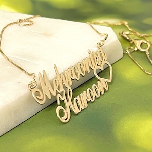 Sterling Silver Couples Name Necklace with Heart - Personalized Jewelry