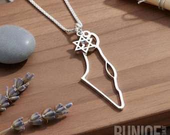 Israel Map Necklace with Star of David Charm, Sterling Silver