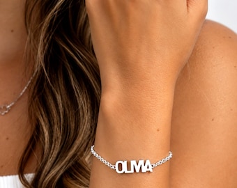 Custom Name Bracelet, Sterling Silver Dainty Rolo Chain, Block Capital Nameplate