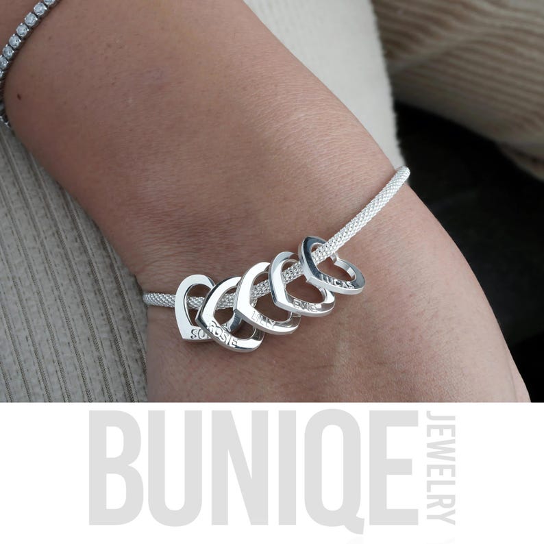 Mom Bracelet with Kids Names, Sterling Silver Heart Charm Jewelry - Grandkids Grandma Family Gift image 6