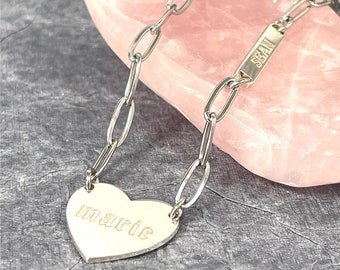 Paperclip Heart Tag Necklace with Custom Engraved Bar Pendant