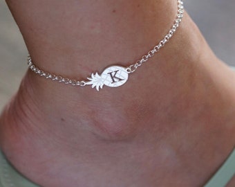 Pineapple Initial Anklet, Sterling Silver