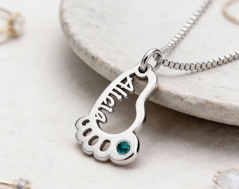Baby Feet Necklace Name & Birthstone, Sterling Silver