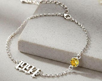 Personalized Birthstone Anklet, Sterling Silver Custom Number