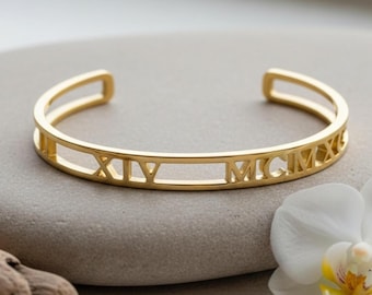 Roman Numeral Cuff Bracelet, Sterling Silver - Personalized Date Bangle - Anniversary Gift