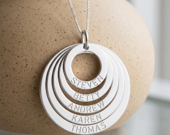 Sterling Silver Mom Necklace with Layered Kids Name Discs