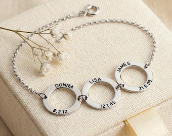 Mom Disc Bracelet with Kids Names, Sterling Silver Custom Engraved