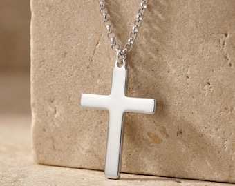Mens Cross Necklace, Sterling Silver Pendant Rolo Chain