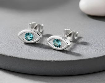 Blue Evil Eye Earrings with Birthstone Studs