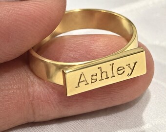 Engraved Name Ring in Sterling Silver, Custom Nameplate Signet for Women and Men