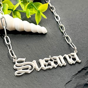 Custom Old English Name Necklace: Sterling Silver Gothic Paperclip Chain