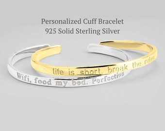 Engraved Cuff Bracelet - 925 Sterling Silver - Open Adjustable Bangle - Custom Engraving Jewelry - Gift for Him and Her