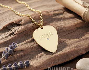 Engraved Guitar Pick Birthstone Necklace