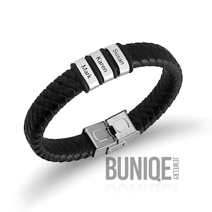 Pulsera para papá con nombres de niños - Brazalete de cuero trenzado negro y cuentas grabadas personalizadas - Regalo para el Día del Padre para él, abuelo o esposo