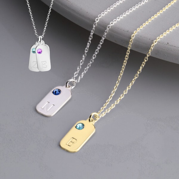 Tiny Tag Birthstone Initial Necklace Set for Couples - Sterling Silver His and Hers Matching Jewelry - Custom Best Friends Gift