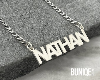 Mens Cuban Link Name Necklace in Capitals Bold Font - Personalized Handmade Jewelry - Valentines Day Gift for Him