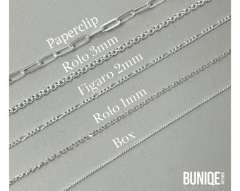 925 Sterling Silver Chain Only - 1mm Box, 1mm Rolo, 3mm Rolo, 4mm Rolo, 2mm Figaro, 3mm Figaro, 4mm Paperclip