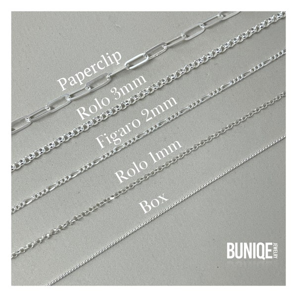 925 Sterling Silver Chain Only - 1mm Box, 1mm Rolo, 3mm Rolo, 4mm Rolo, 2mm Figaro, 3mm Figaro, 4mm Paperclip