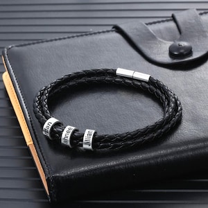 Dad Bracelet with Kids Names - Black Braided Leather Cuff & Custom Engraved Beads - Personalized Fathers Day Jewelry - Unique Gift for Dad