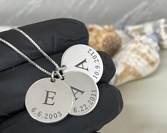 Mom Necklace with Kids Initials & Birthdate - Sterling Silver Custom Engraving 1-5 Disc Pendants - Family Name Jewelry - Gift for Christmas