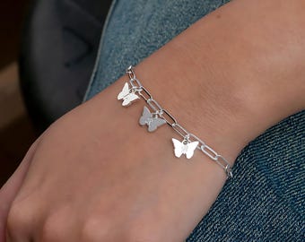 Mother Bracelet Paperclip Chain Butterfly Charms Sterling Silver