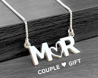 Two Initial Heart Necklace - His and Hers Jewelry Sterling Silver 925 or 24K Gold Filled - Cute Valentine's Day Gift for Couple