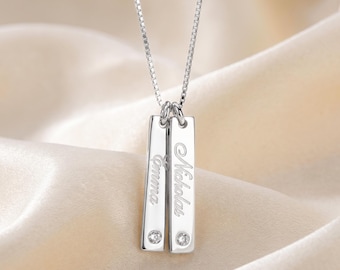 Mom Necklace Kids Names & Birthstone, Engraved Bar Pendant Sterling Silver